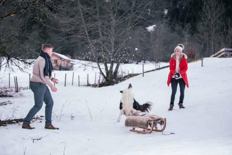 Paar mit Hund und Schlitten im Schnee